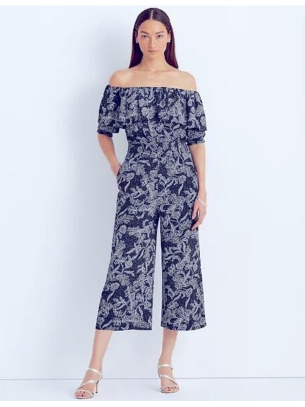 LAUREN By Ralph Lauren Navy Blue Floral Off-Shoulder Jumpsuit